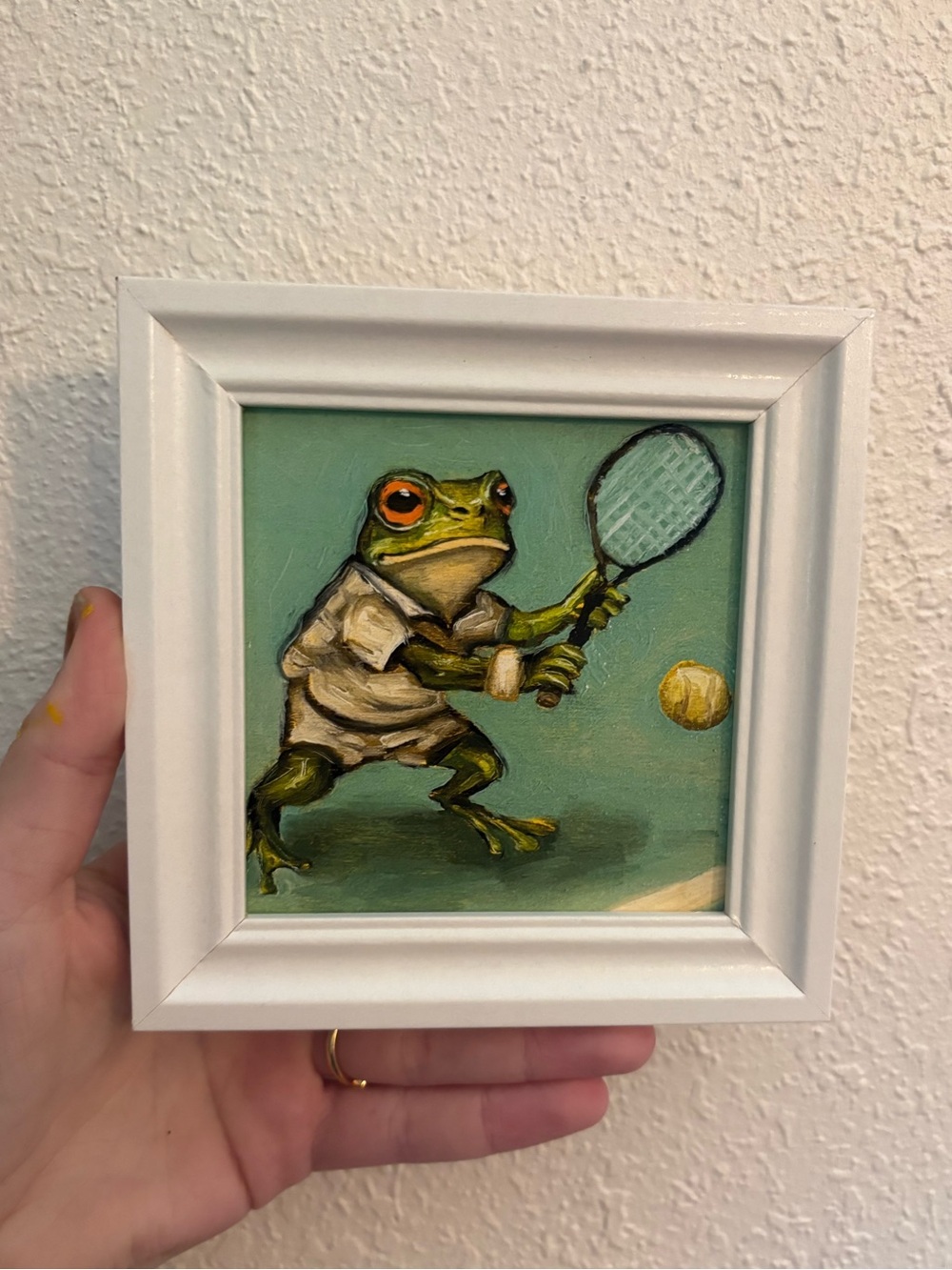 "Tennis Frog” Original oil painting PRINT mini framed 4x4"